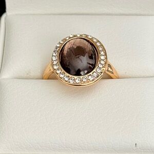 Gold Tone Oval Halo Ring with Smoky Brown Stone | Vintage Style Statement Ring